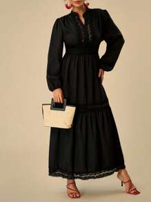 SHEIN VCAY Plus Size Women's Solid Color Simple Long Sleeve Casual Dress,Graduation Dress - Black - View 4