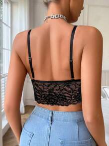 女士蕾丝前扣内衣文胸，简约时尚休闲日常穿着 - 黑色 - 查看 2