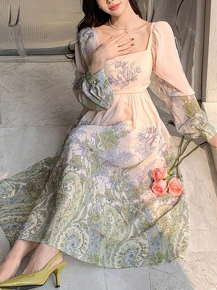 Full Flower Print Square Neck Lantern Sleeve Midi Dress For Women,Ruffle,Fall Dress Long Sleeve Dress Vacation Outfits Women Floral Boho