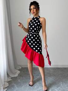 Elenzga Women Sleeveless Asymmetrical Hem Elegant Sexy Dress - Red and Black - View 6