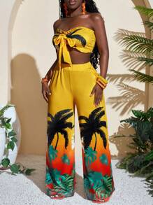 Slaydiva 女士夏季假期椰子树印花露背宽松长款两件套