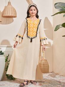 SHEIN Tween Girls' Loose Casual Retro Print Patchwork Fringed Trim Long Dress