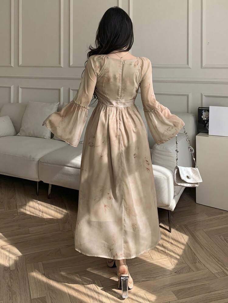 New Spring Floral Print Waist Cinching Sundress, Muse Style With Bowknot Straps, Flowy Design Long Dress For Women, Valentine's Day