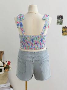 Soleia Plus Size Asymmetrical Floral Print Spaghetti Strap Camisole Top, Vintage Painting Style, Romantic & Casual For Vacation - Green - View 2