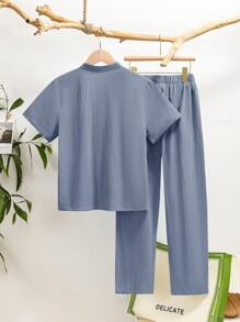 2 件套 Tween 男童休闲立领编织纯色短袖衬衫和长裤套装 - 藍色 - 查看 2