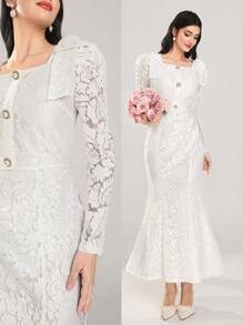 Modelyn 女士优雅羊腿袖蕾丝连衣裙，配有肩部纽扣细节 - 白色 - 查看 1