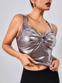 Chiquease 女式无袖闪亮金属反光吊带背心，春夏 - 銀色 - 查看 3