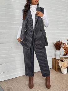 SHEIN LUNE Plus Size Women Plaid Shirt Collar Double-Breasted Sleeveless Jacket & Pants Casual 2 Pieces Set, Autumn Thanksgiving Outfit Women New Years Women Outfit Winter Dresses Winter Clothes Women Rave Outfits New Years Eve Outfit, Office Wear, New Years Women Outfit, Party, Business Casual Woman Work Office Office Outfits For Women Business Casual Woman Work Clothes Women Business Casual Woman - Dark Grey - View 5