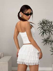 SHEIN Unity 2pcs Women Solid Color Lace Trim Bandeau Top & Lace Trim Low Waist Skirt Set,Gyaru,Concert Outfit Women - White - View 2