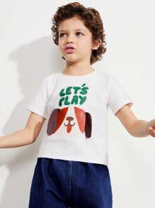 SHEIN Young Boys Dog Print Oversized Crew Neck Short Sleeve T-Shirt And Blue Denim Pants Set - White - View 7