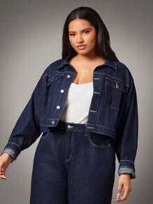 Denimoi Plus Size Casual Crop Denim Jacket - Dark Wash - View 2