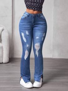 SHEIN SXY Jeans de mezclilla versátiles y casuales con bolsillos y efecto desgastado para mujer - Azul lavado medio - Ver 2