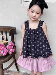DAZY 2pcs/Set Young Girl Vacation Casual Ditsy Floral Print Vest And Skirt Set,Girls Summer Outfits - Black - View 7