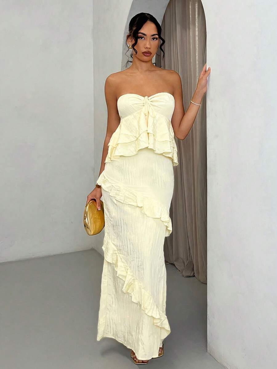 SHEIN BAE Váy suông dài bó sát có họa tiết nhún bèo nhún mùa xuân/hè, váy đi nghỉ, váy hẹn hò ngày lễ tình nhân, váy ngắn phù dâu, váy vàng - Màu vàng - Xem 1