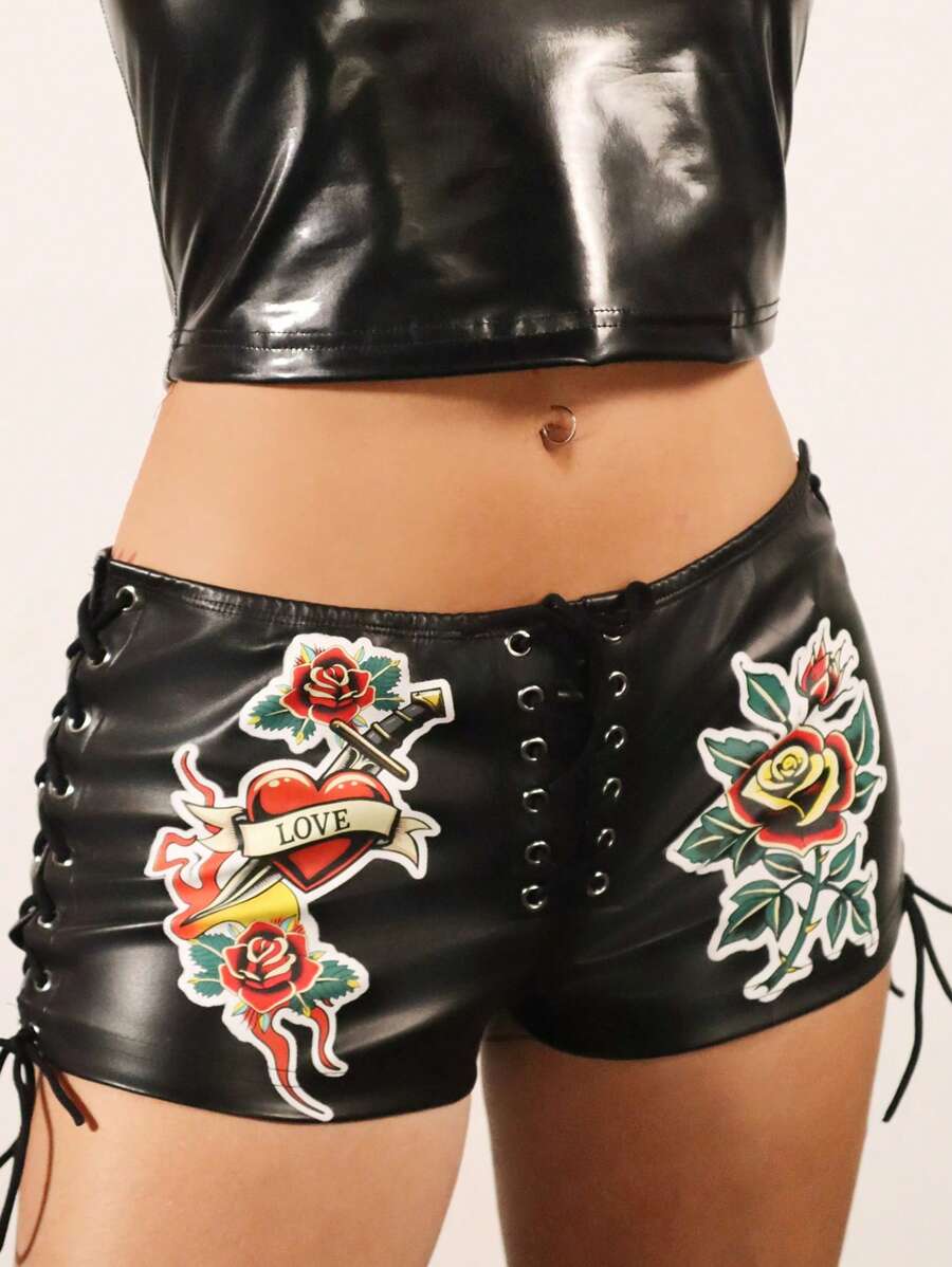 SHEIN ICON Y2K 春夏黑色花卉街头服饰 Gyaru 女士低腰花卉印花 PU 皮革图案系带短裤