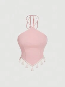 SHEIN MOD Trang phục lãng mạn màu hồng: Áo ba lỗ tua rua và chân váy xếp nếp nhiều lớp, trang phục dự tiệc, trang phục Bohemian, trang phục đi nghỉ, trang phục đi biển - Hồng - Xem 7