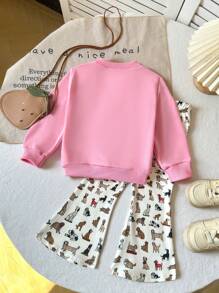 SHEIN Playful Pals 2 件套女婴时尚休闲百搭柔软针织面料圆领套头运动衫，带 3D 刺绣、贝雷帽和条纹腊肠犬印花长袖喇叭裤套装 - 彩色 - 查看 2