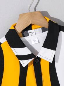 SHEIN 青少年男孩休闲条纹印花 Polo 领短袖编织衬衫