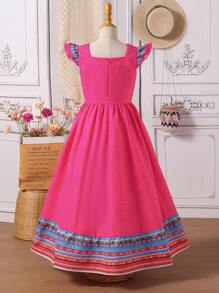 Tween Girl Floral Retro Print Loose A-Line Dress With Ruffled Short Cap Sleeves, Pink