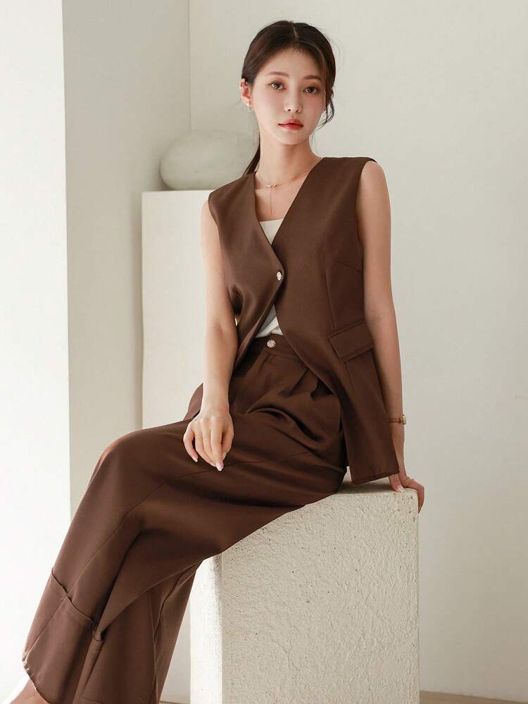 2pcs Women Spring/Summer Elegant Set: Fitted V-Neck Vest & Wide Leg Pants In Solid Color