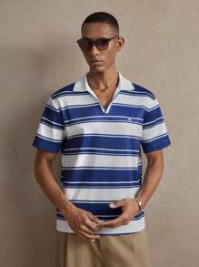 男士针织条纹宽松插肩领休闲 Polo 衫，适合夏季、度假、日常穿着 - 彩色 - 查看 6