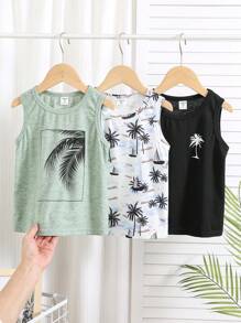 SHEIN Leap Crew 3 件套男婴舒适透气吸湿排汗椰子树图案无袖 T 恤针织上衣套装，时尚百搭，适合春夏季室内、户外、日常、运动、玩耍、派对、拍照、节日、度假