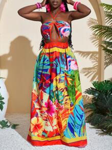 Slaydiva Women's Summer Vacation Sexy Floral Print Halter Maxi Long Dress - Multicolor - View 6