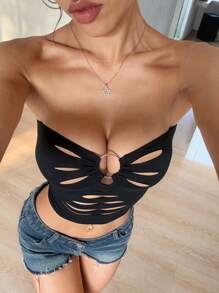 INAWLY Áo Bandeau khoét lỗ màu trơn gợi cảm thời trang dành cho nữ - màu đen - Xem 7