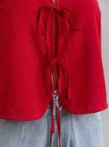 Soleia 大码女式无袖V领开襟系带宽松休闲上衣 - 紅色 - 查看 4