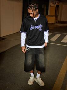 PAVTROS Manfinity Streetrush Manfinity Streetrush Men's Casual Sports V-Neck Printed Short T-Shirt,Graphic Men T-Shirt,Oversized T-Shirt,Boyfriend Gifts Jersey Streetwear Jersey For Men - Black - View 4