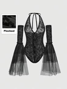 ROMWE Goth Gothic Valentine's Day Black Lace Wrap-Around Sleeves Halter See-Through Bodysuit For Women, Spring/Summer