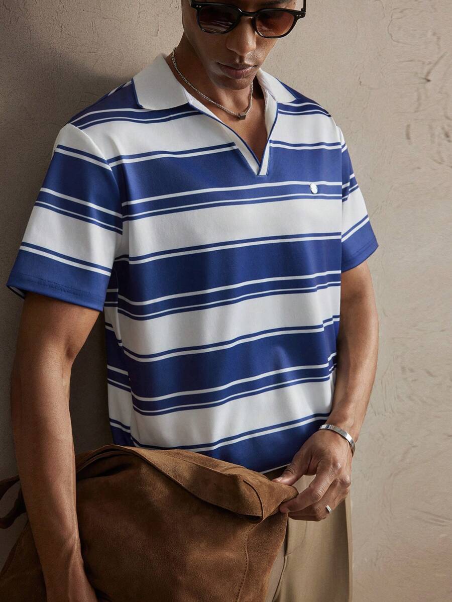 男士针织条纹宽松插肩领休闲 Polo 衫，适合夏季、度假、日常穿着 - 彩色 - 查看 1