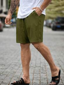 Manfinity RSRT Men's Plus Size Solid Color Drawstring Shorts With Pockets Summer Casual Linen Knee Plain Men Summer Shorts - Army Green - View 6