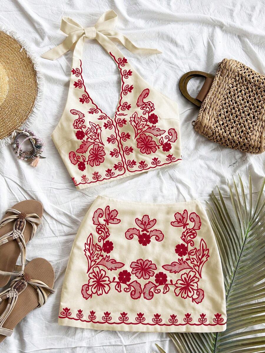 Soleia Women Summer Vacation Tie Back Floral Embroidered Halter Crop Top And A-Line Mini Skirt Suit No Chest Padding - Red - View 1