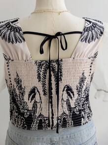 Soleia Blusa de manga abullonada con estampado retro para mujer talla grande