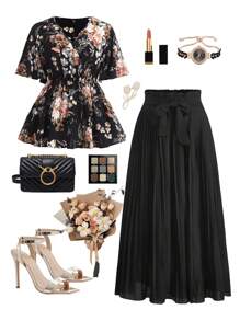 Ellevyn Calça Pantalona Plissada de Cor Sólida Elegante Plus Size, Calça Solta, Culottes, Calça FeminiPlus Sizeande Feminino, Calça Preta - Preto - Visão 1