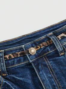 ROMWE Grunge Punk Damen Kpop Y2K Leopard Muster bestickte Super Tief Taillierte Mini Denim Shorts, für Musikfestivals/Konzerte - Blau - Übersicht 3
