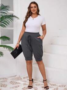 EMERY ROSE Plus Size Solid Color Lace-Up Pocket Casual Shorts, Everyday Wear - Dark Grey - View 1