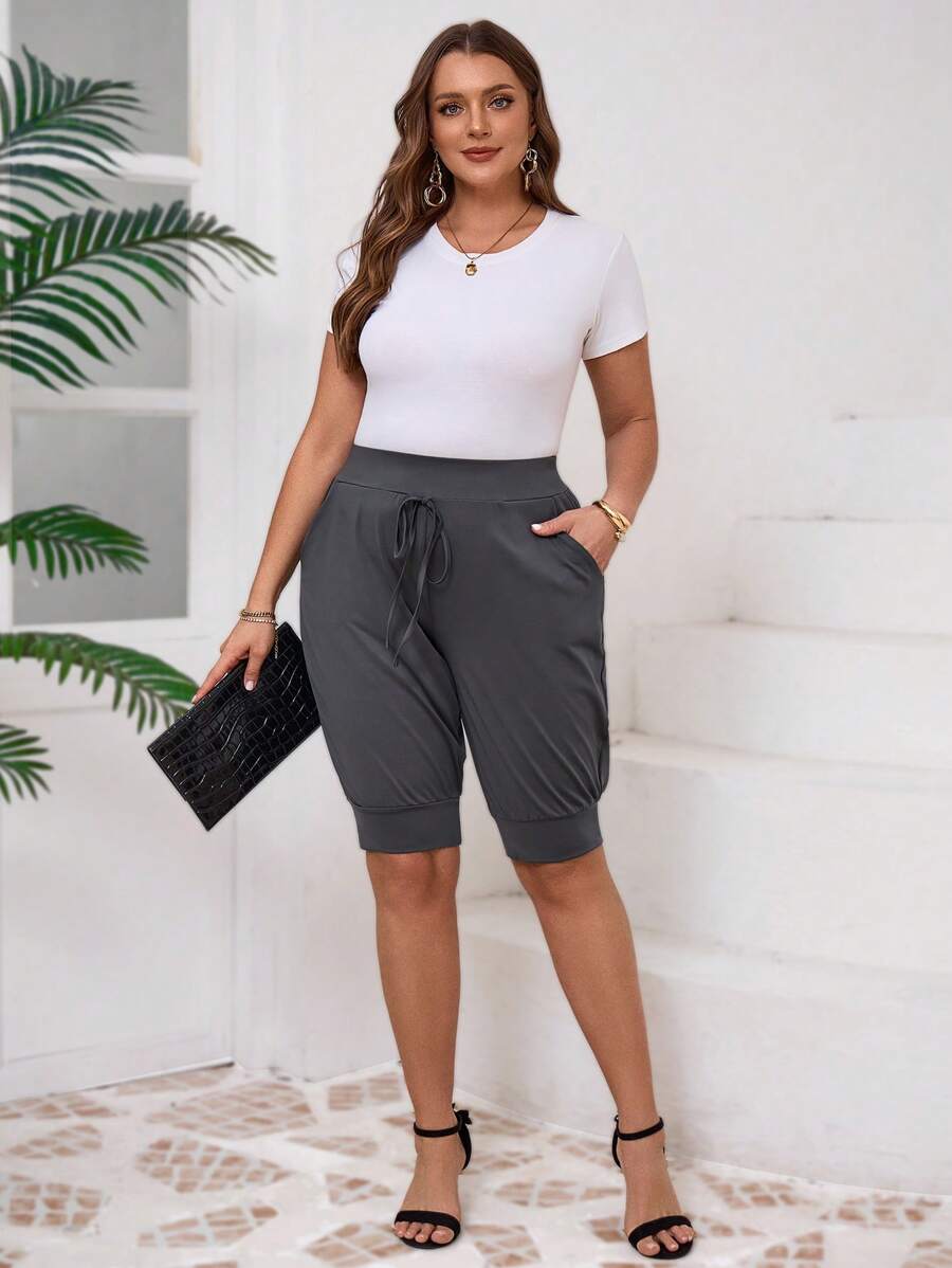 EMERY ROSE Plus Size Solid Color Lace-Up Pocket Casual Shorts, Everyday Wear - Dark Grey - View 1