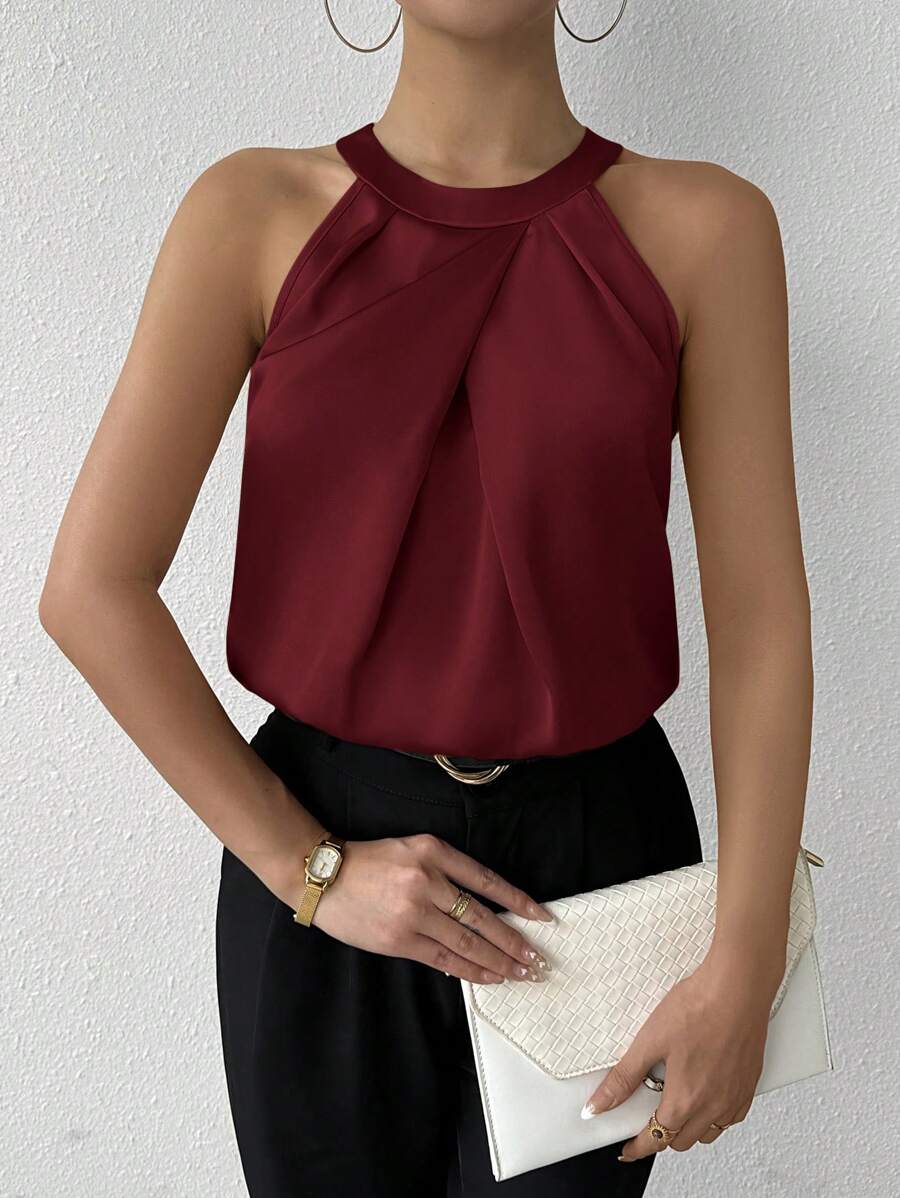 SHEIN Privé 女士无袖纽扣前褶领衬衫，香槟色，简约优雅的办公室/通勤夏装 - 酒紅色 - 查看 1