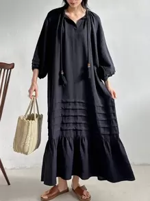 FRIFUL Váy dài vừa phải, chất liệu vải lanh pha trộn cho kỳ nghỉ bãi biển dành cho nữ, váy mùa thu, váy dài tay - Màu xanh hải quân - Xem 1