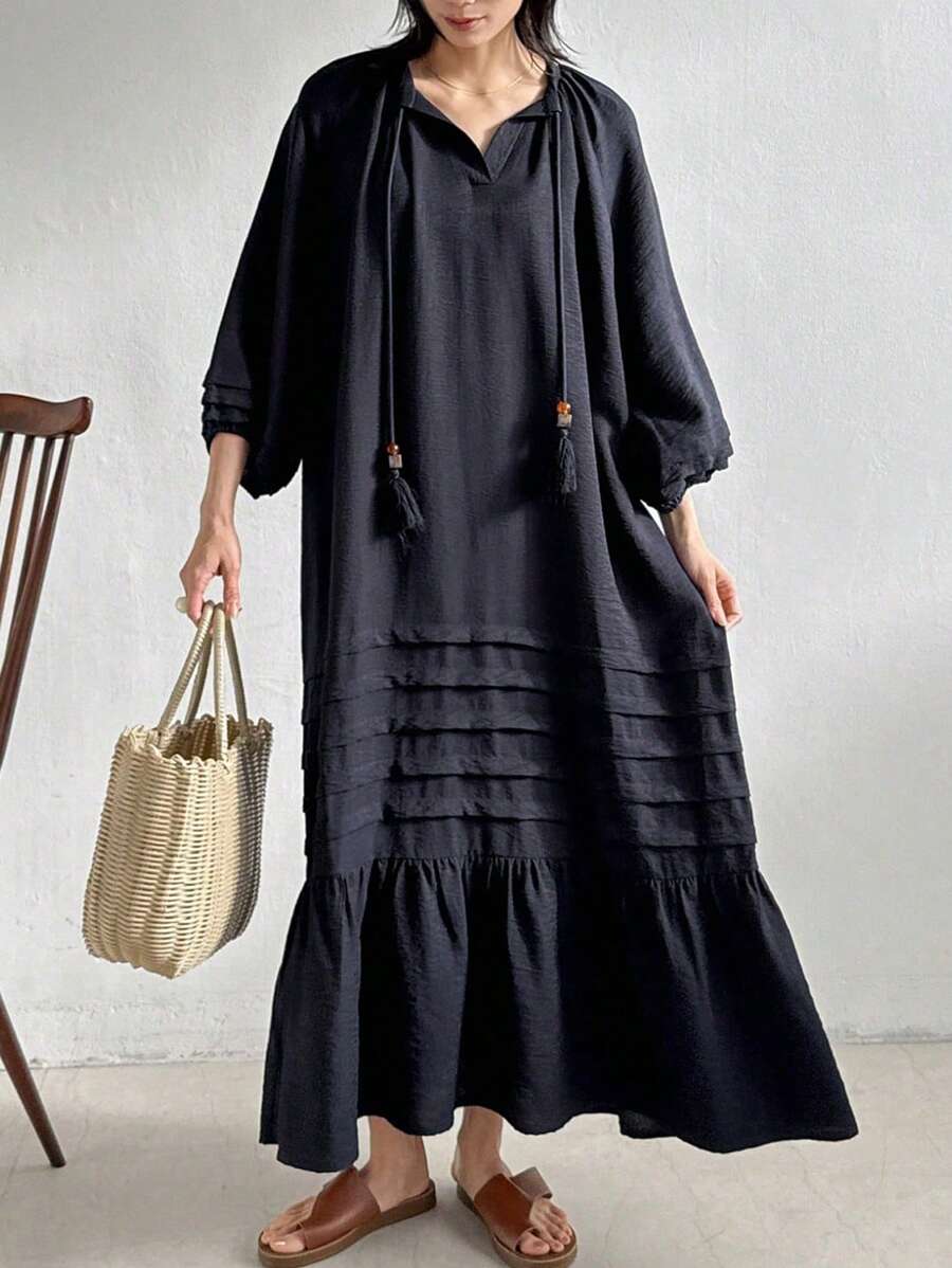 FRIFUL Women's Beach Vacation Linen Blend Loose Mid-Length Dress,Fall Dress Long Sleeve Dress - Navy Blue - View 1