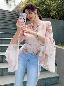 DAZY Spring New Casual Plant Print With Bowknot Decor Women Blouse, Valentine's Day,Ruffle - Pink - View 1