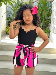 SHEIN Tween 女童夏季休闲度假花瓣花卉拼接色块印花连体短裤，适合夏季、度假、海滩 - 黑色 - 查看 3