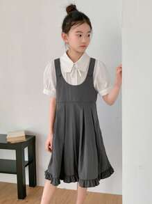 DAZY Set da 2 pezzi per ragazze adolescenti: camicia a maniche a sbuffo e vestito casual con pettorina plissettata, outfit estivi per ragazze, abbigliamento per il ritorno a scuola - Grigio - Visualizzare 4