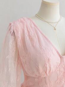 Soleia Plus Size Women Vacation Autumn/Winter Valentine's Day Pink Lace V-Neck Flare Sleeve Asymmetrical Hem Blouse/Shirt - Pink - View 8