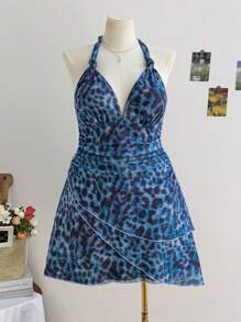 Soleia Vestido de vacaciones/vuelta al colegio con estampado floral y de leopardo, escote halter y espalda descubierta para mujer talla grande, otoño temprano