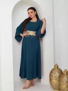 Modelyn 勃艮第红色时尚女式流苏细节编织腰带拼接连衣裙，优雅晚会超长端庄长袖连衣裙长款晚礼服 - 水鴨藍 - 查看 3