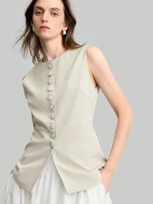 Ontre 2025 Spring/Summer Women Casual Commute Solid Color Sleeveless Blazer Jacket,Elegant Festival Party Tops - Khaki - View 1