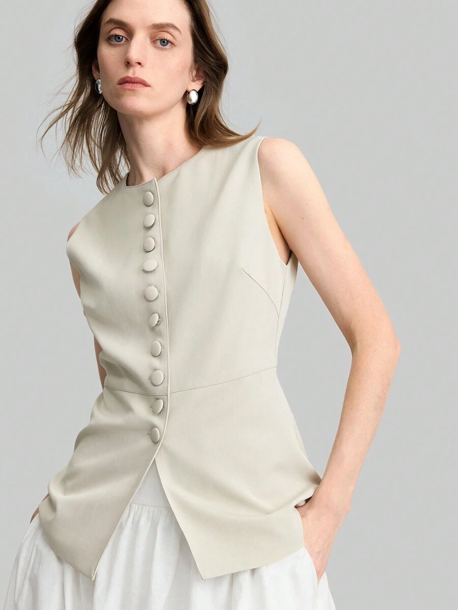 Ontre 2025 Spring/Summer Women Casual Commute Solid Color Sleeveless Blazer Jacket,Elegant Festival Party Tops - Khaki - View 1